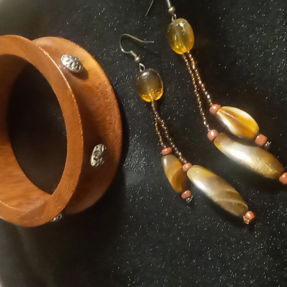 Teak wood studded bangle bracelet paired with dangling beaded size 7
